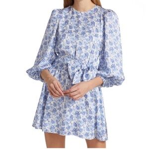Alice + Olivia Molli Belted Floral Mini Dress Size 12 Blue White Long Sleeve